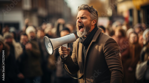 Generative AI illustration of activist is vocally leading a protest megaphone in hand with a crowd of supporters in the background photo