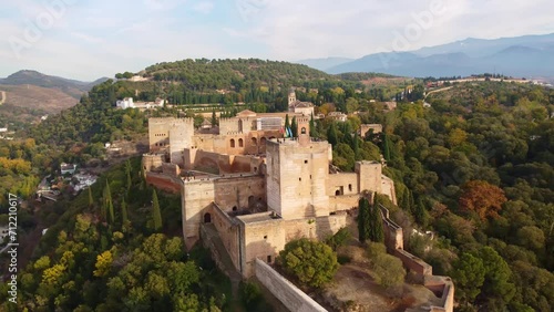 Granada, Spain: Aerial drone footage of the famous Alhambra palace and fortress in Granada in Andalusia in southern Spain. Shot with a rotation motion. 