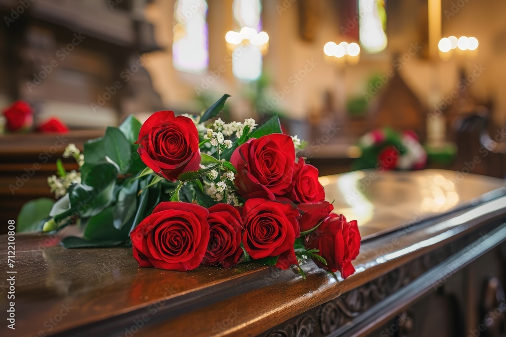 Funeral and grieving symbolism red roses on wooden coffin at church ...