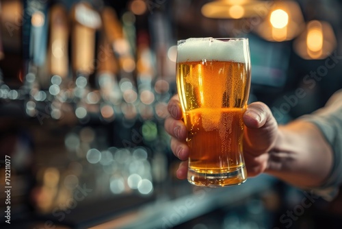 Bartender holds beer in bar photo