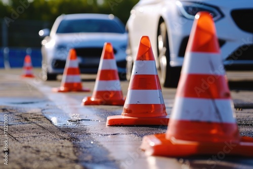 Car and cones for safety in outdoor driving school