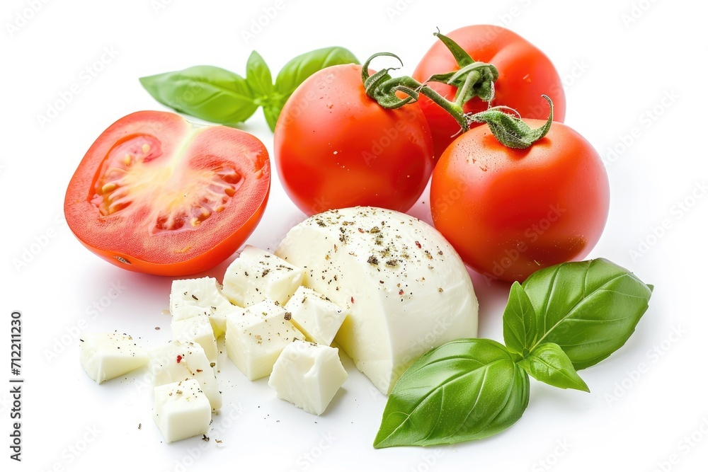 Tomato and basil atop mozzarella on a white surface Tomato and basil atop mozzarella on a white surface