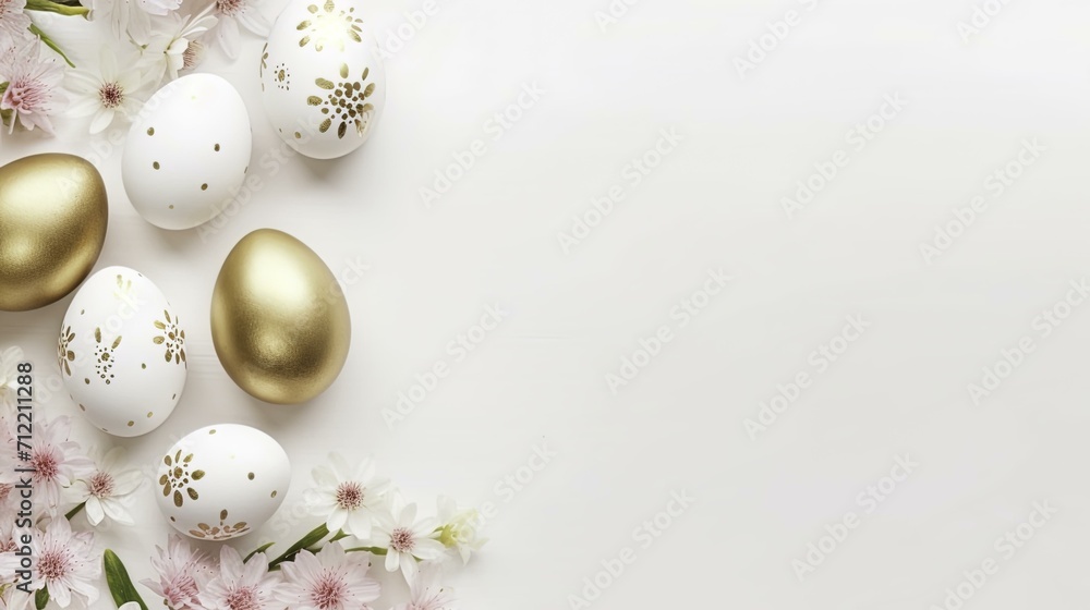 easter eggs and flowers on wooden background, Easter background, Easter holiday