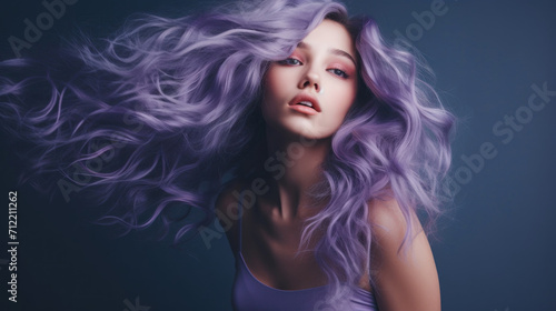 A portrait of a young woman with vibrant purple hair flowing in a dynamic wave, giving a sense of movement against a dark background.