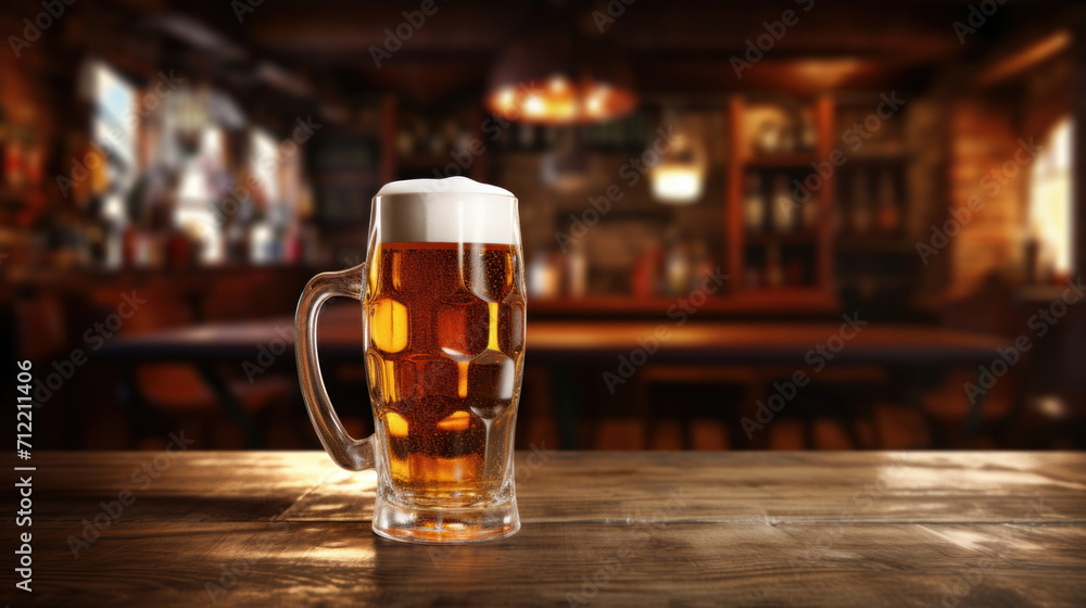 A cold, frothy beer mug sits on a rustic wooden table in a traditional tavern setting, inviting a refreshing experience.