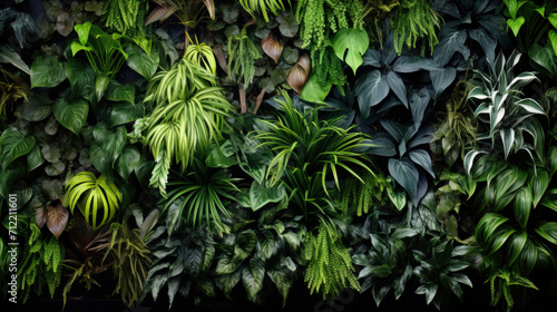 A variety of lush green plants densely arranged to create a vibrant and decorative indoor living wall installation.