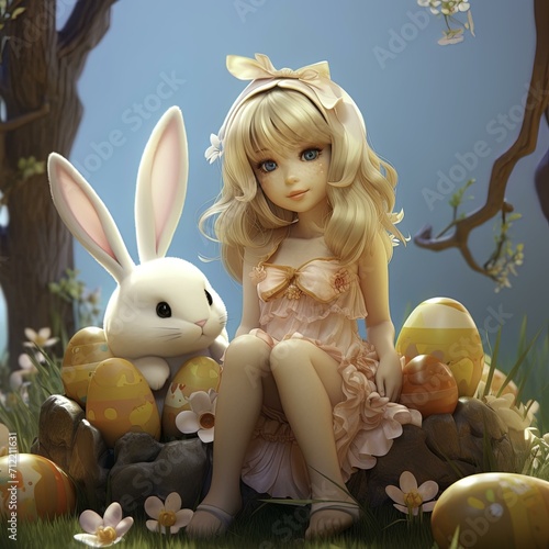girl in easter bunny costume, Easter background, Easter holiday