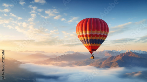 Colorful hot air balloon floating gracefully over mountain peaks at sunrise, offering breathtaking views.