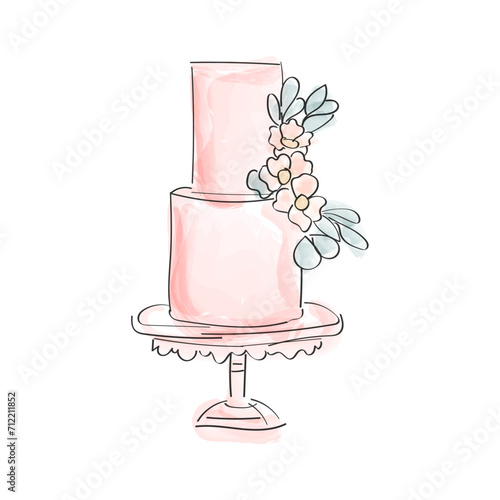 two tier cake, doodle style. watercolour brushes. vector illustration 