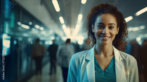 Young female doctor smiling while standing in a hospital
