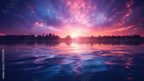 Stunning sunset over calm lake waters with a vibrant sky reflecting pink and purple hues.
