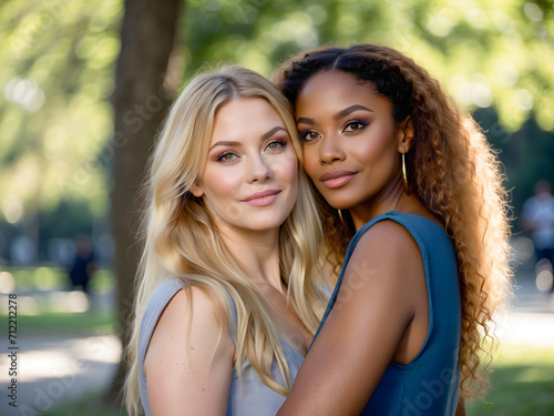 Two beautiful women standing together outdoor holding each other close for photo. Caucasian blonde woman and African woman best friends.