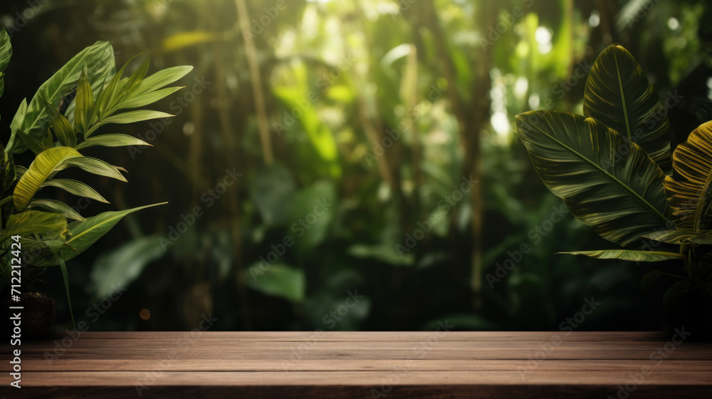 Empty wooden table with a view of a lush jungle background, ideal for display or montage. Empty wooden table with a view of a lush jungle background, ideal for display or montage.