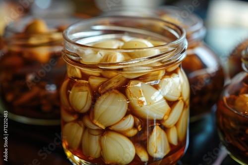 Pickled garlic in soy sauce photographed in a South Korean jar at close range
