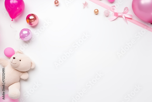 Teddy Bear and pink balls white background with Copy Space