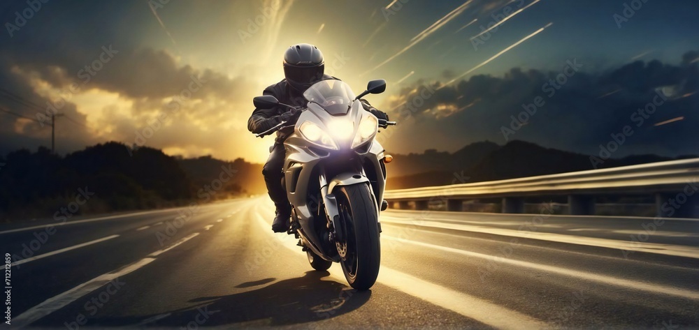 motorbike rider is speeding on the highway - obrazy, fototapety, plakaty 