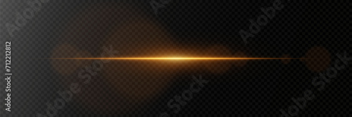 Golden horizontal glare of light. Line flash effect. On a transparent background.
