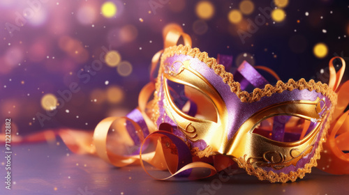 A Venetian masquerade mask adorned with golden glitter and purple ribbons, suggesting a festive or carnival theme.