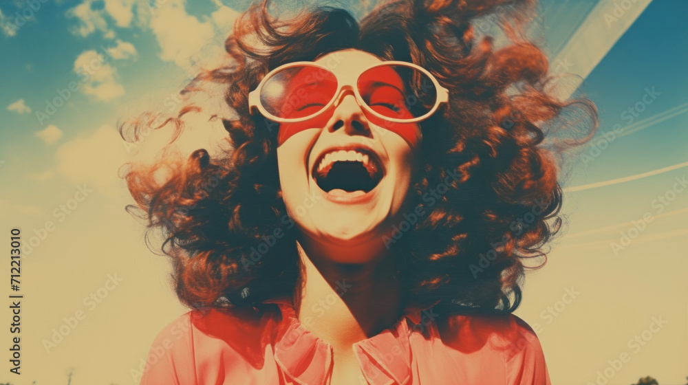 A woman with curly hair and red sunglasses open-mouthed in laughter against a bright summer sky, expressing joy and freedom.