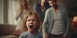A distressed young girl screaming with a blurred family arguing in the background, capturing a moment of family conflict or tantrum.
