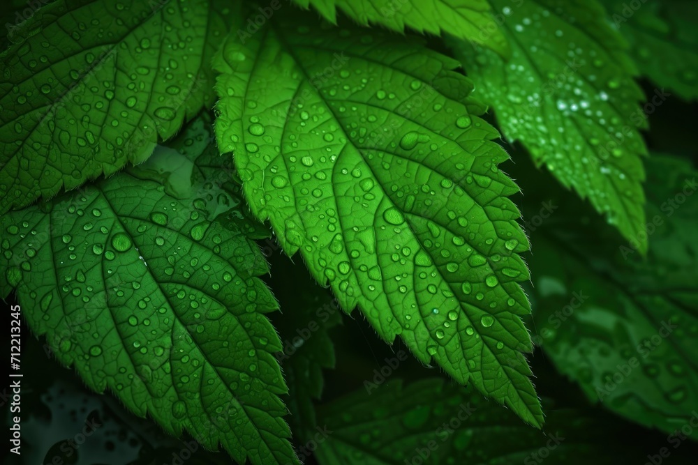 Raindrop Adorned Leaves Close-Up in Lush Forest. Generative AI. Raindrop Adorned Leaves Close-Up in Lush Forest. Generative AI.