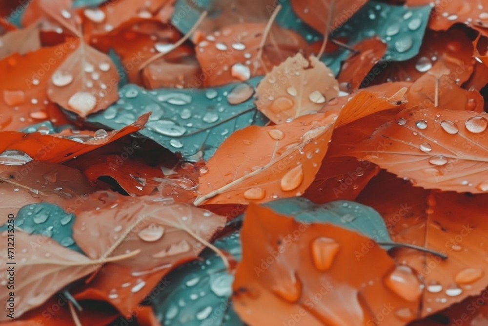 Autumn Leaves with Raindrops Close-Up. Generative AI.