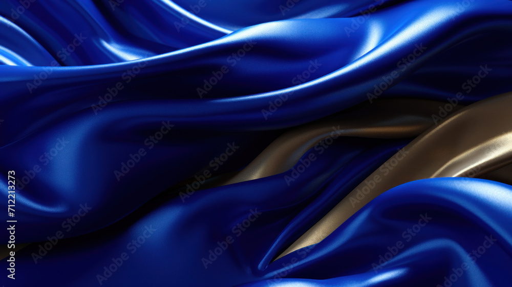 Obraz premium Luxurious blue and gold silk fabric with dynamic waves, creating an elegant and opulent textile background.