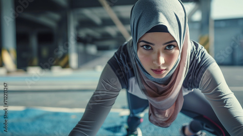 Muslim woman in s hijab and sport wear. Female sport.  photo