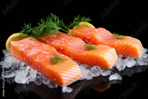 Pieces of fresh red fish with dill lie on ice cubes