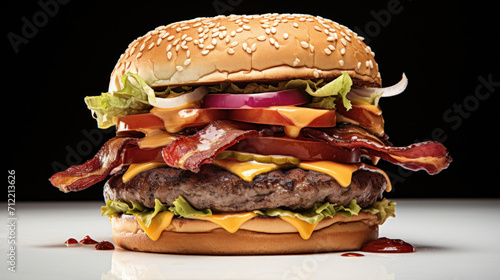 A delectable gourmet bacon cheeseburger with a sesame seed bun, fresh lettuce, tomato, and melting cheese. photo