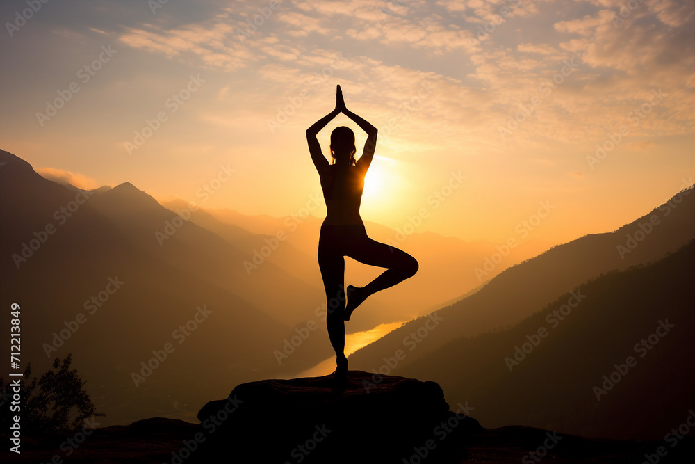 Generative AI picture of happy woman in the early morning practicing yoga standing asana zen pose and looking beautiful view
