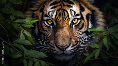 A majestic tiger's face peering through lush green jungle foliage, showcasing its intense yellow eyes and striped fur. © red_orange_stock
