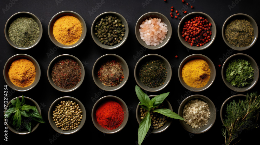 Variety of colorful spices and herbs in small bowls arranged on a black background, top view. Variety of colorful spices and herbs in small bowls arranged on a black background, top view.