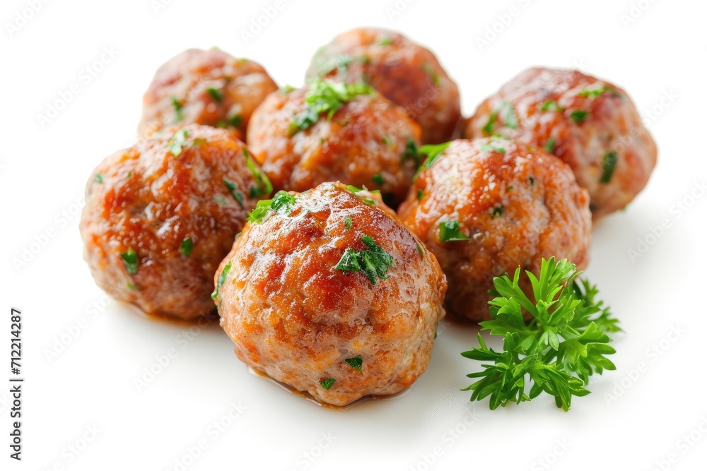 White background showcases baked homemade meatballs White background showcases baked homemade meatballs