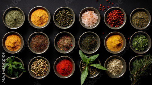 Variety of colorful spices and herbs in small bowls arranged on a black background  top view.