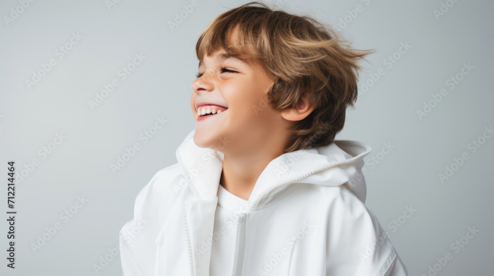 Portrait of a joyful young boy laughing and looking to the side, wearing a white hooded jacket on a light background. Portrait of a joyful young boy laughing and looking to the side, wearing a white hooded jacket on a light background.
