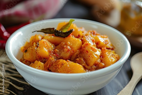 Selectively focused white bowl with homemade mango pickle