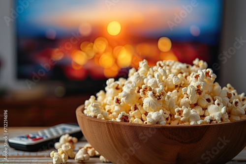 Watching a movie or TV series at home in the cozy evening with a wooden popcorn bowl and remote control next to the TV