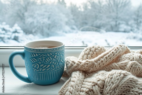 Hot tea and knitting by snowy window