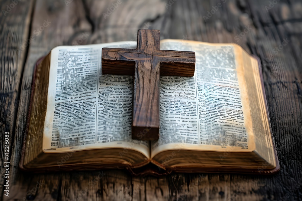 A wooden cross resting upon an open Bible capturing the essence of Christian fait A wooden cross resting upon an open Bible capturing the essence of Christian fait