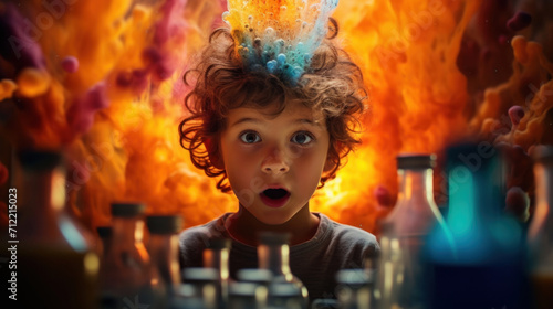 A young child's eyes widen in amazement as a colorful chemical reaction erupts during a fun science experiment.