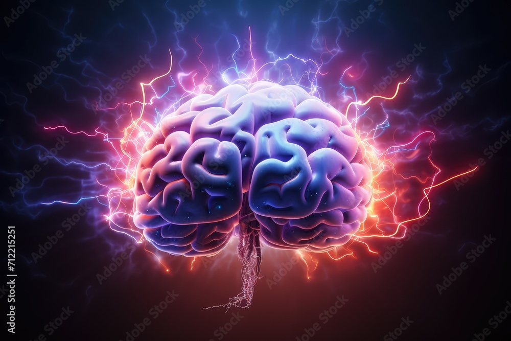 Obraz premium Brain lightning mind, axon thunderbolt flashes, cognitive energy bursts. ATP demand, cerebral glucose metabolism, brain lactate. Hypoglycemia cerebral energy crisis, energetics, mitochondrial function