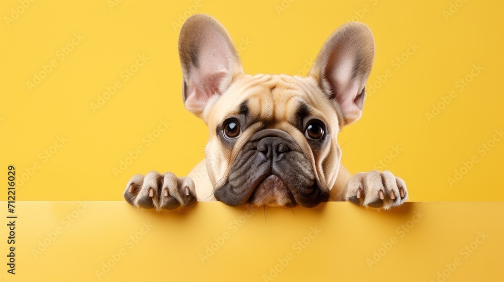 Bulldog peeking over pastel yellow bright background with paws