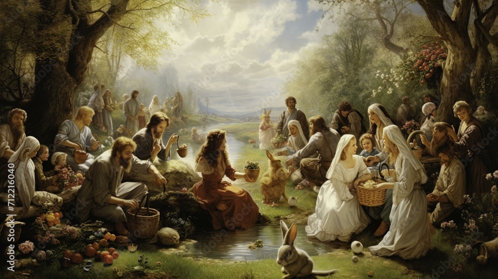 old painting of people celebrating first easter holiday, easter background, easter holiday, easter
