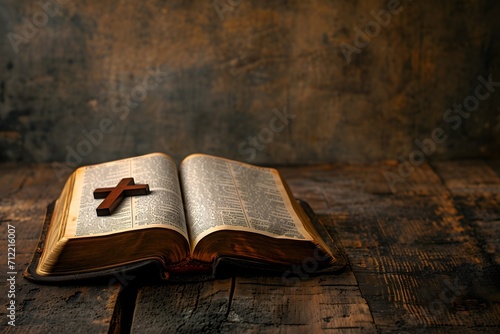 A wooden cross resting upon an open Bible capturing the essence of Christian fait photo
