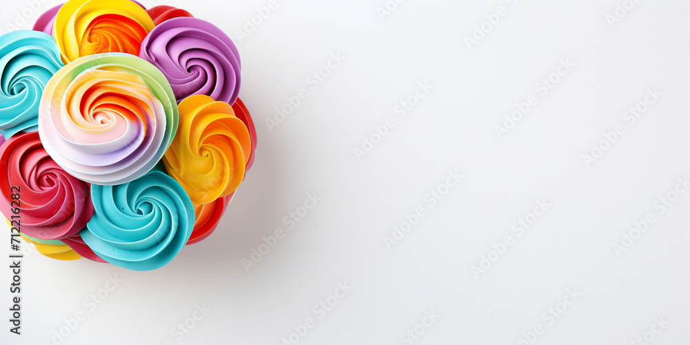 Top view of Rainbow sponge cake on white background with copy space Delicious fresh baked healthy vegan tasty homemade dessert Top view of Rainbow sponge cake on white background with copy space Delicious fresh baked healthy vegan tasty homemade dessert
