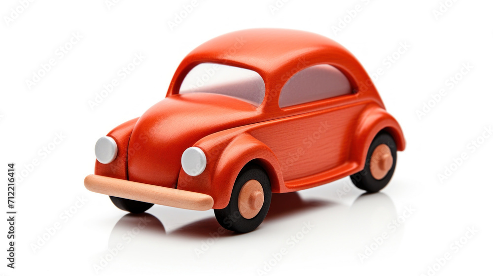 A simple, classic wooden toy car in bright orange, isolated on a white background.