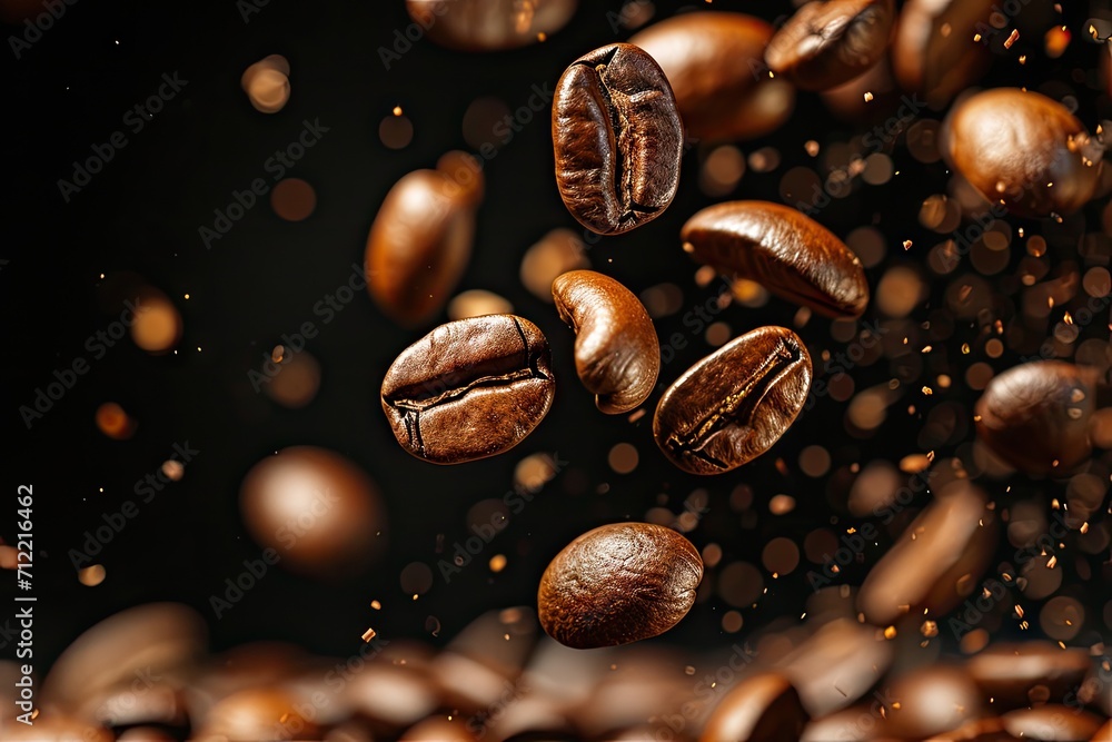 Coffee beans falling and flying on black background symbolize an invigorating breakfast Coffee beans falling and flying on black background symbolize an invigorating breakfast