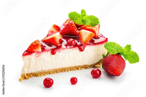 Cheesecake slice with strawberries and mint on white backdrop