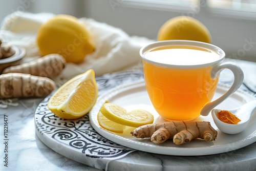 Ginger lemon and turmeric tea on a marble board